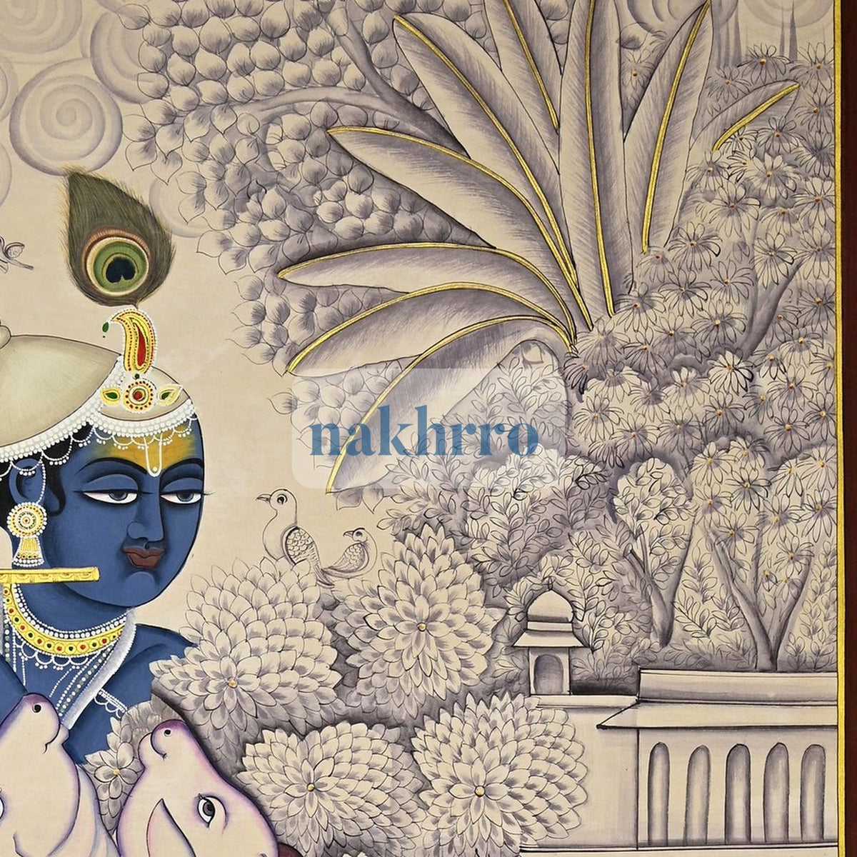 Krishna in a Monochrome Forest with Cows – Original Hand-Painted Pichwai – right-side detail