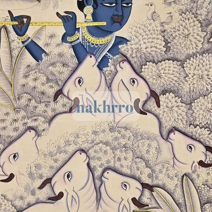 Krishna in a Monochrome Forest with Cows – Original Hand-Painted Pichwai – central close-up