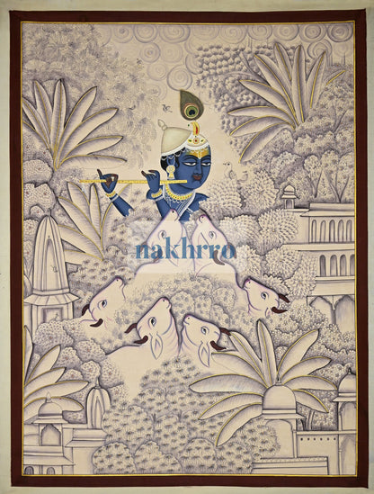 Krishna in a Monochrome Forest with Cows – Original Hand-Painted Pichwai – full view