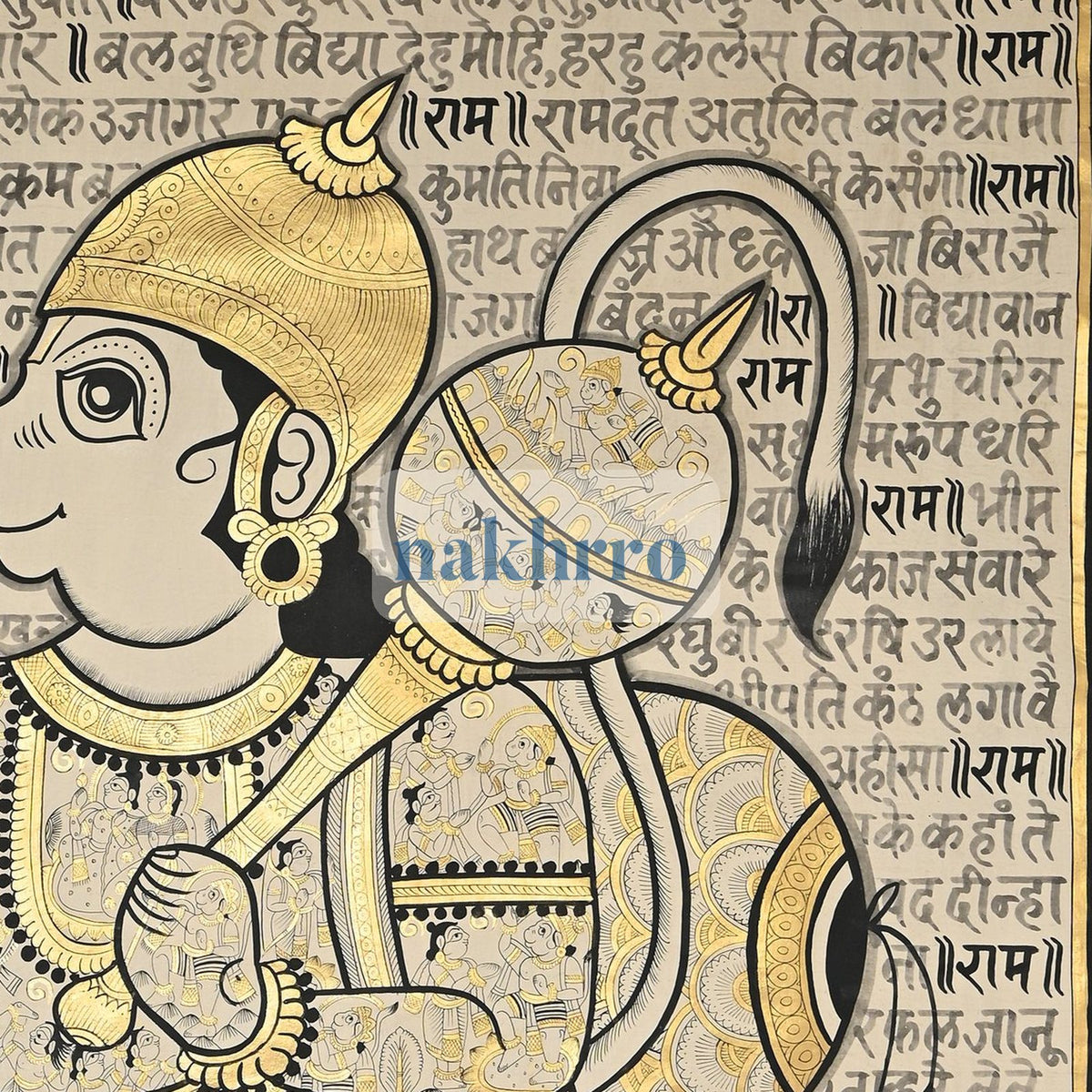 Monochrome Hanuman Chalisa on Sacred Script – Original Hand-Painted Artwork – right-side detail