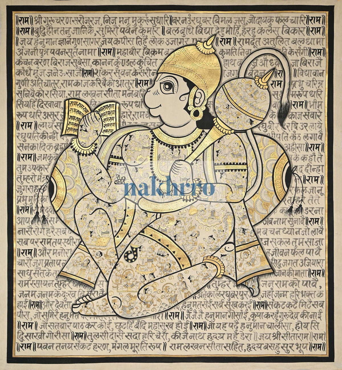 Monochrome Hanuman Chalisa on Sacred Script – Original Hand-Painted Artwork – full view
