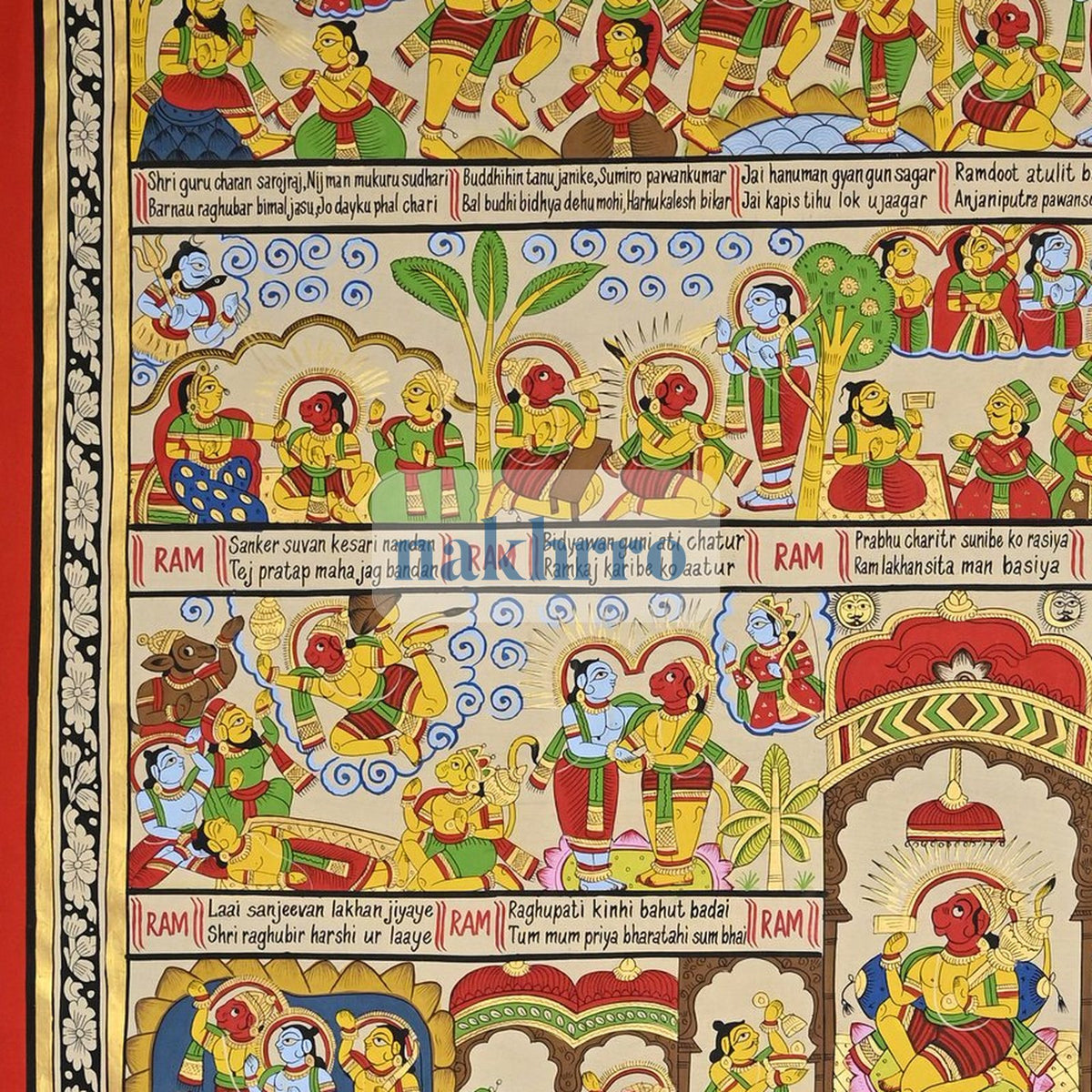 Devotional Narrative Pichwai with Illustrated Panels – Original Hand-Painted Artwork – upper detail
