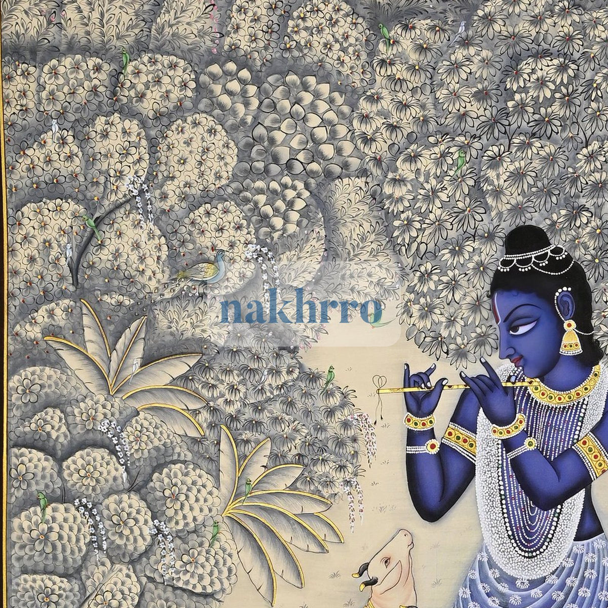 Krishna in an Ivory-Blue Forest with Cows – Original Hand-Painted Pichwai – upper detail
