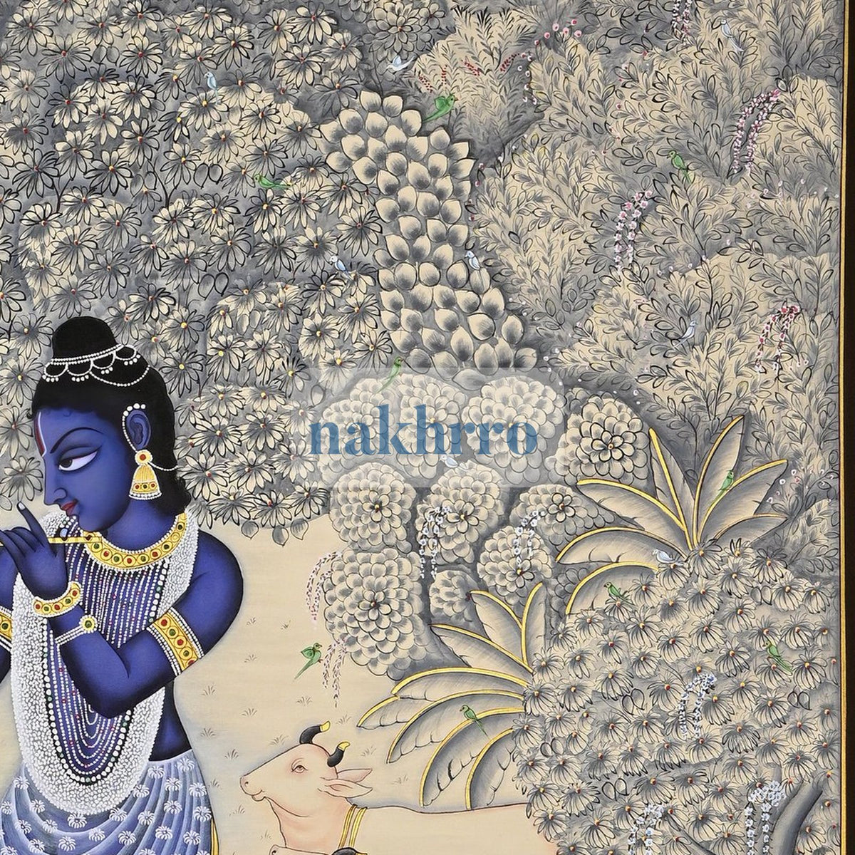 Krishna in an Ivory-Blue Forest with Cows – Original Hand-Painted Pichwai – right-side detail
