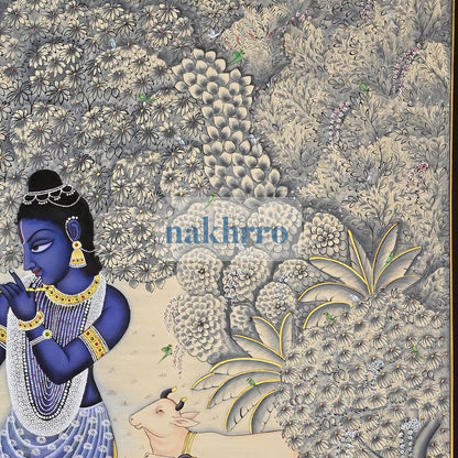 Krishna in an Ivory-Blue Forest with Cows – Original Hand-Painted Pichwai – right-side detail