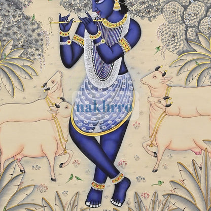 Krishna in an Ivory-Blue Forest with Cows – Original Hand-Painted Pichwai – central close-up