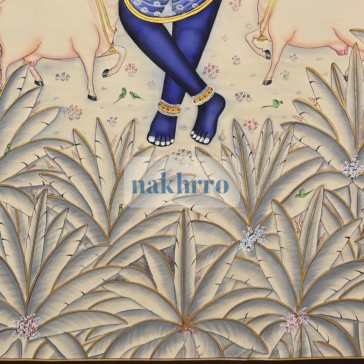 Krishna in an Ivory-Blue Forest with Cows – Original Hand-Painted Pichwai – lower detail