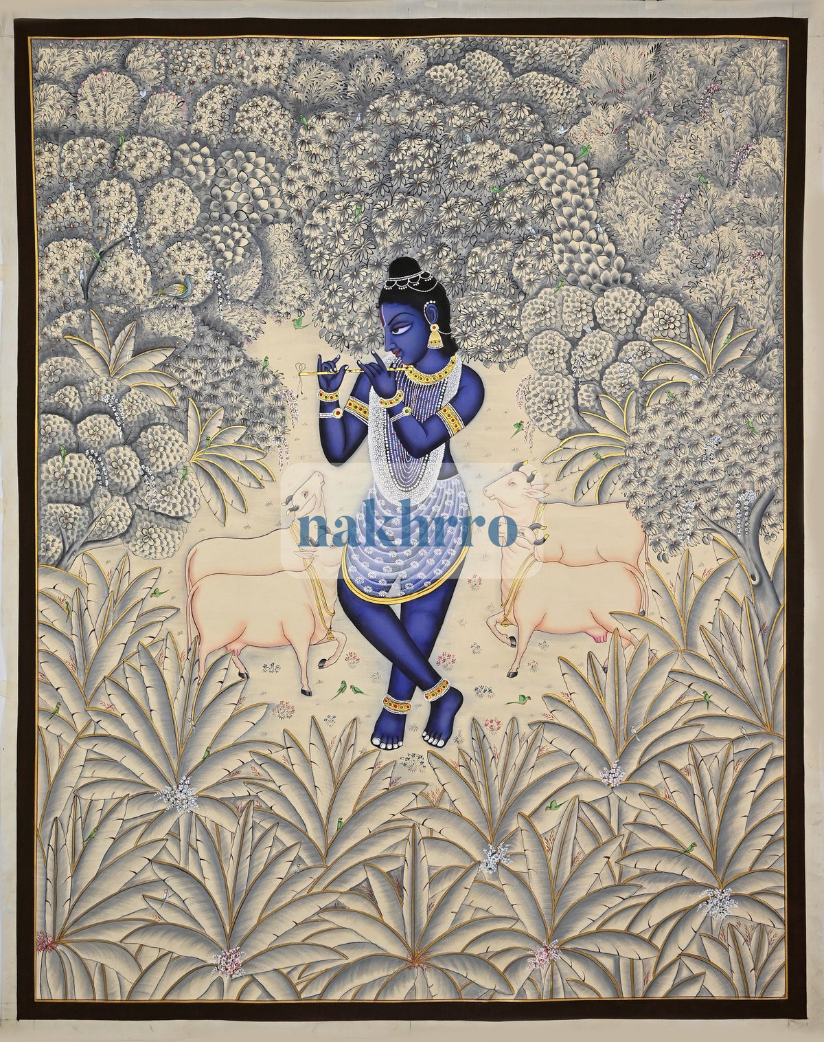Krishna in an Ivory-Blue Forest with Cows – Original Hand-Painted Pichwai – full view