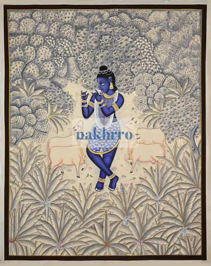Krishna in an Ivory-Blue Forest with Cows – Original Hand-Painted Pichwai – full view
