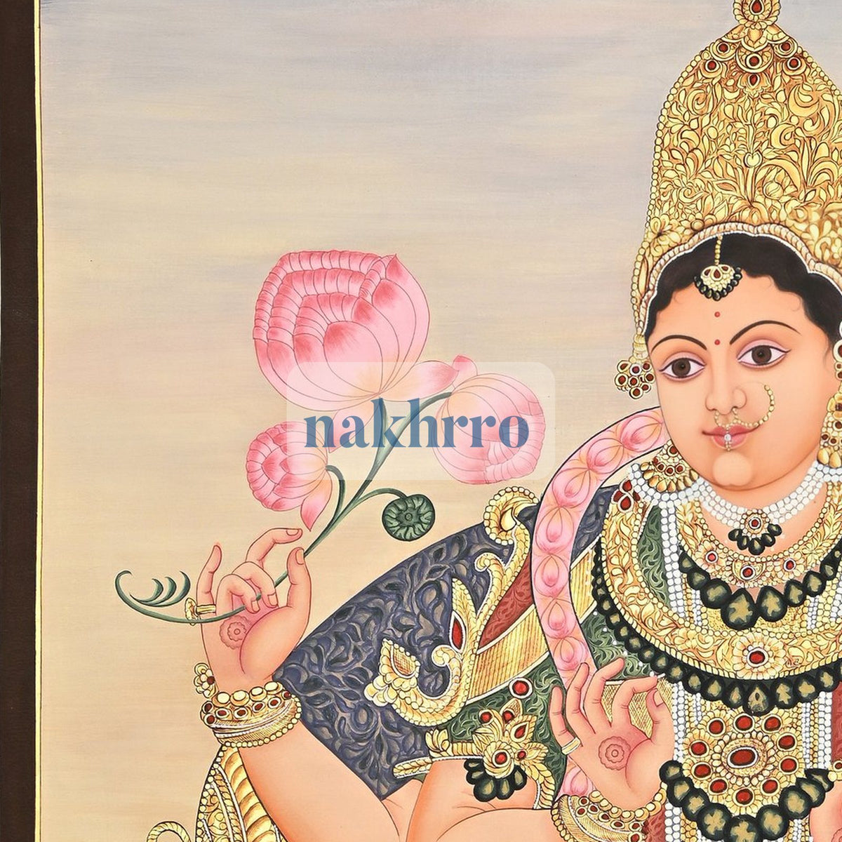 Goddess Lakshmi on a Pink Lotus – Original Hand-Painted Artwork on Cloth – upper detail