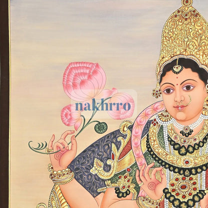 Goddess Lakshmi on a Pink Lotus – Original Hand-Painted Artwork on Cloth – upper detail