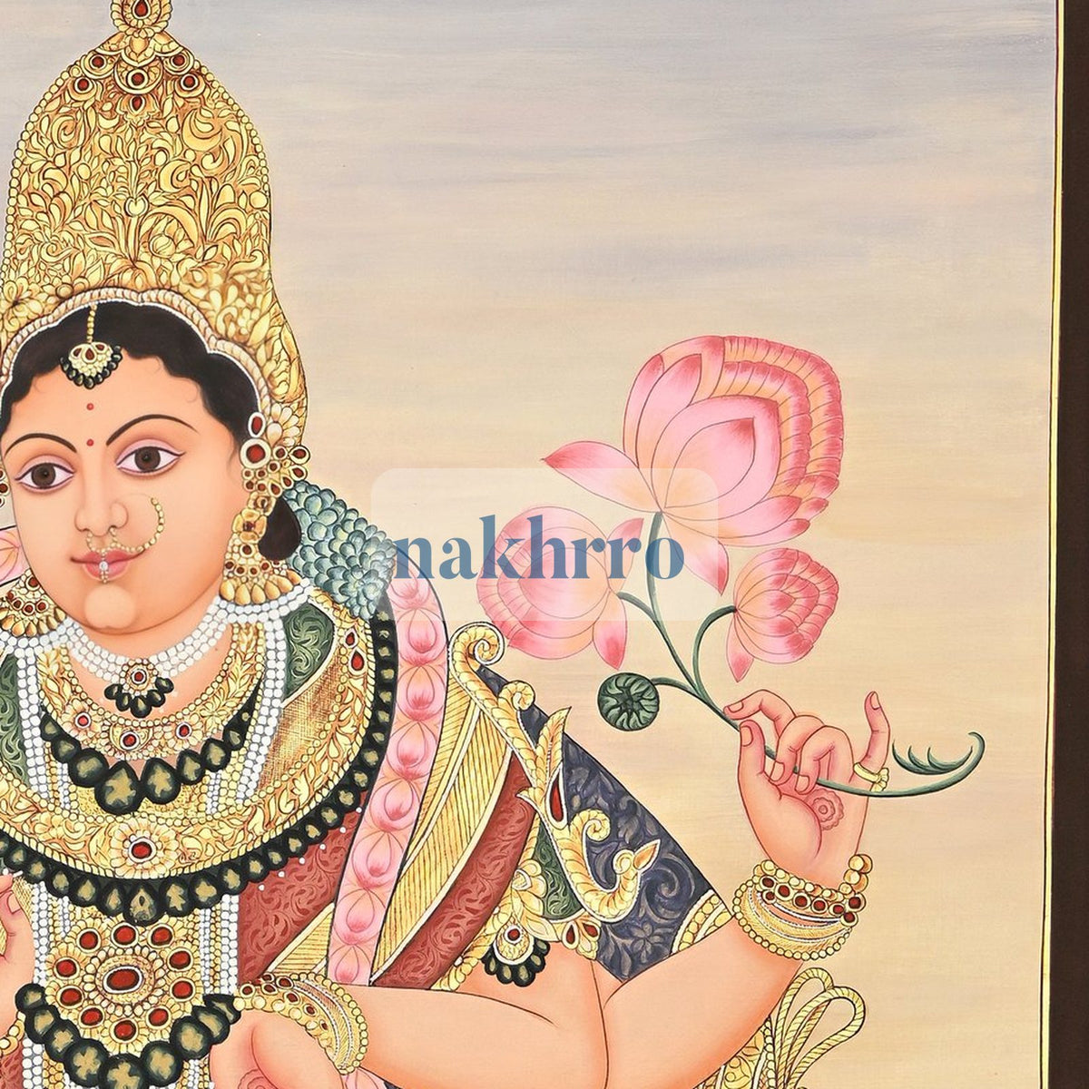 Goddess Lakshmi on a Pink Lotus – Original Hand-Painted Artwork on Cloth – right-side detail