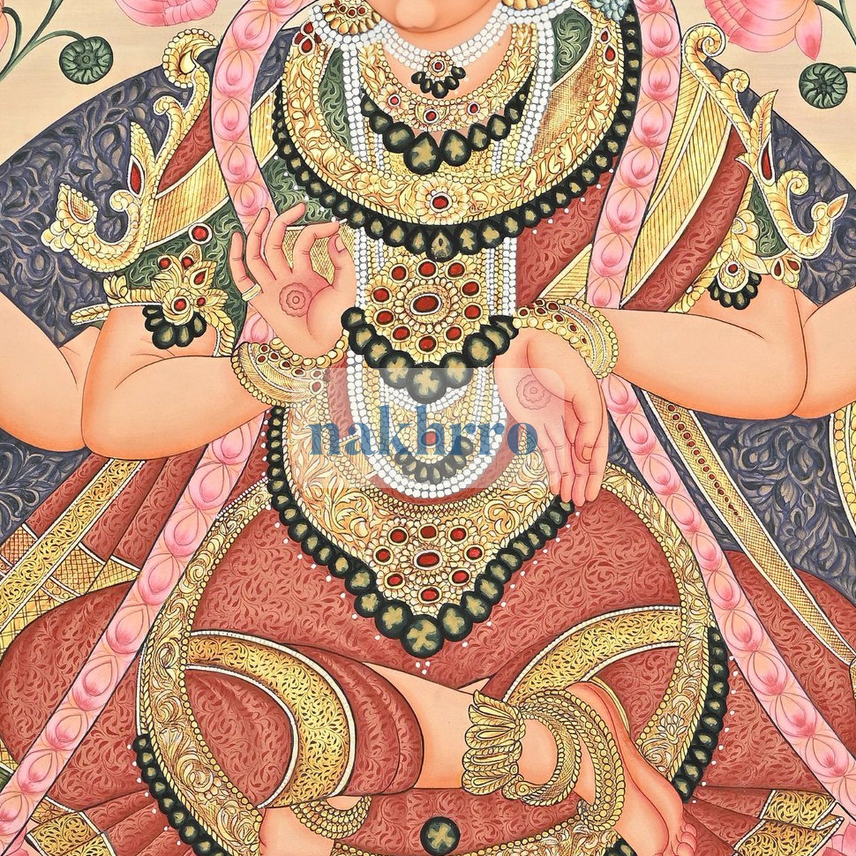 Goddess Lakshmi on a Pink Lotus – Original Hand-Painted Artwork on Cloth – central close-up