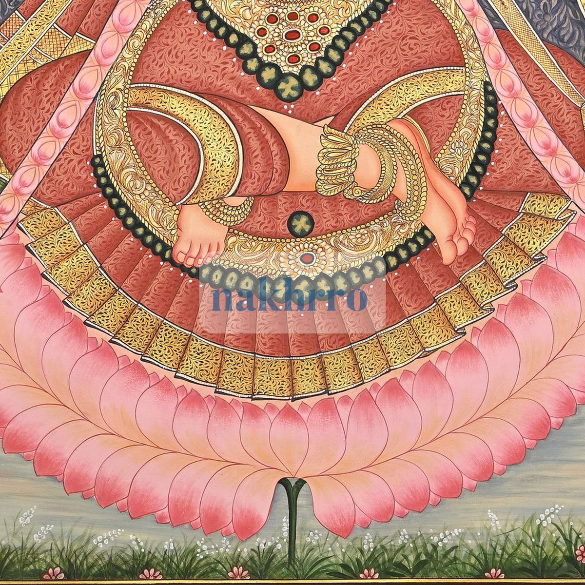 Goddess Lakshmi on a Pink Lotus – Original Hand-Painted Artwork on Cloth – lower detail