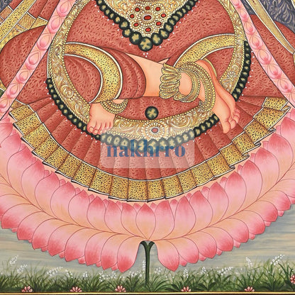 Goddess Lakshmi on a Pink Lotus – Original Hand-Painted Artwork on Cloth – lower detail
