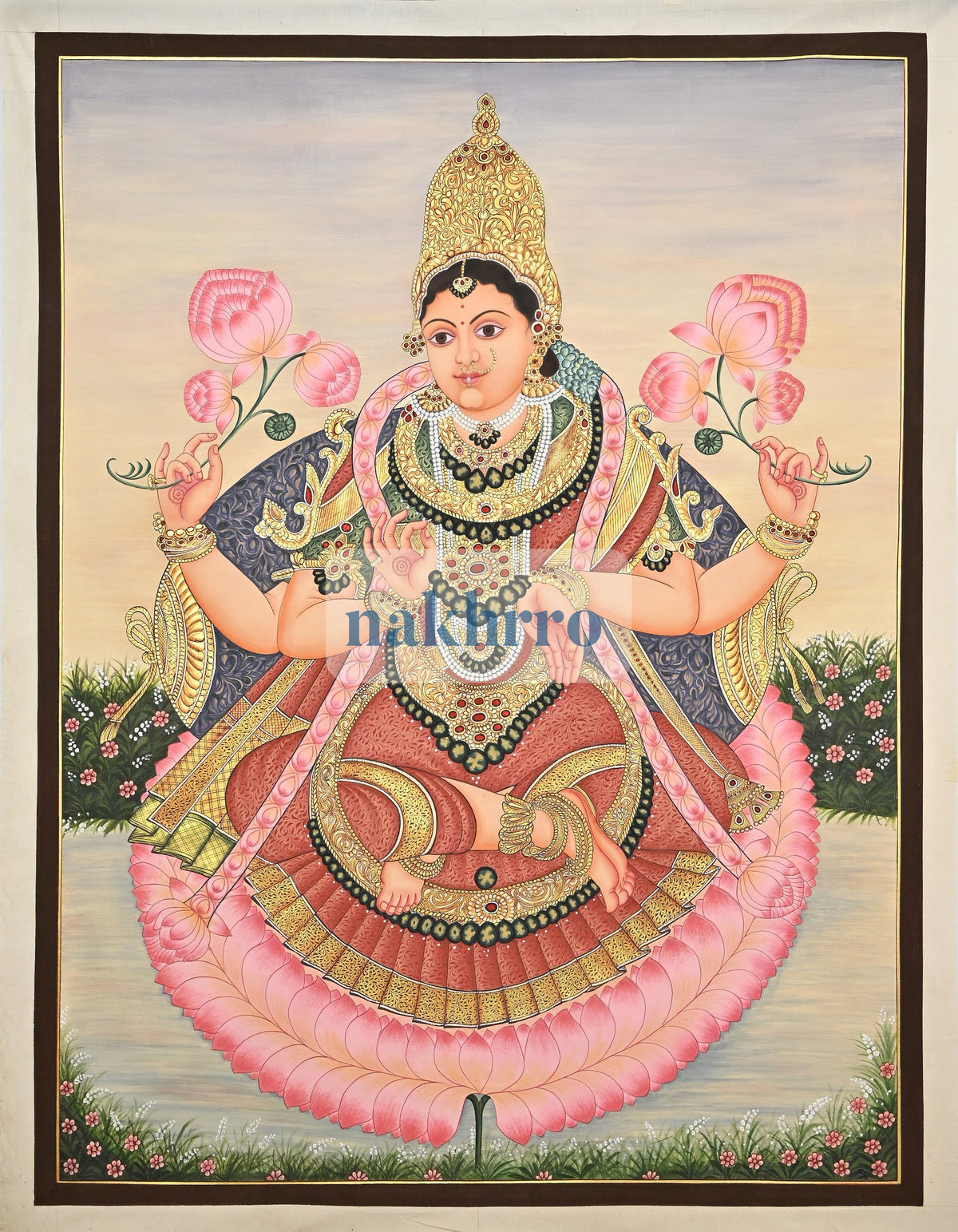 Goddess Lakshmi on a Pink Lotus – Original Hand-Painted Artwork on Cloth – full view