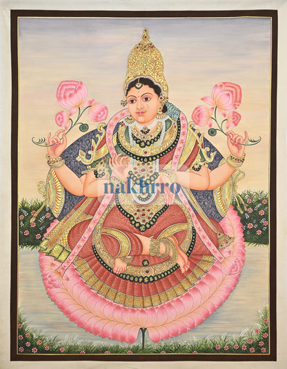 Goddess Lakshmi on a Pink Lotus – Original Hand-Painted Artwork on Cloth – full view