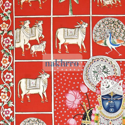 Shrinathji with Kamdhenu Cows – Red and White Folk-Style Pichwai – upper detail