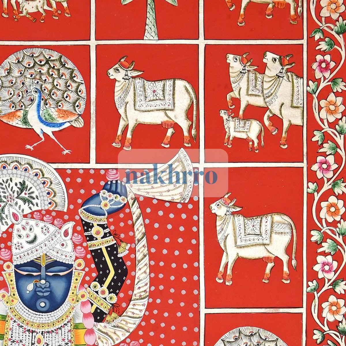 Shrinathji with Kamdhenu Cows – Red and White Folk-Style Pichwai – right-side detail
