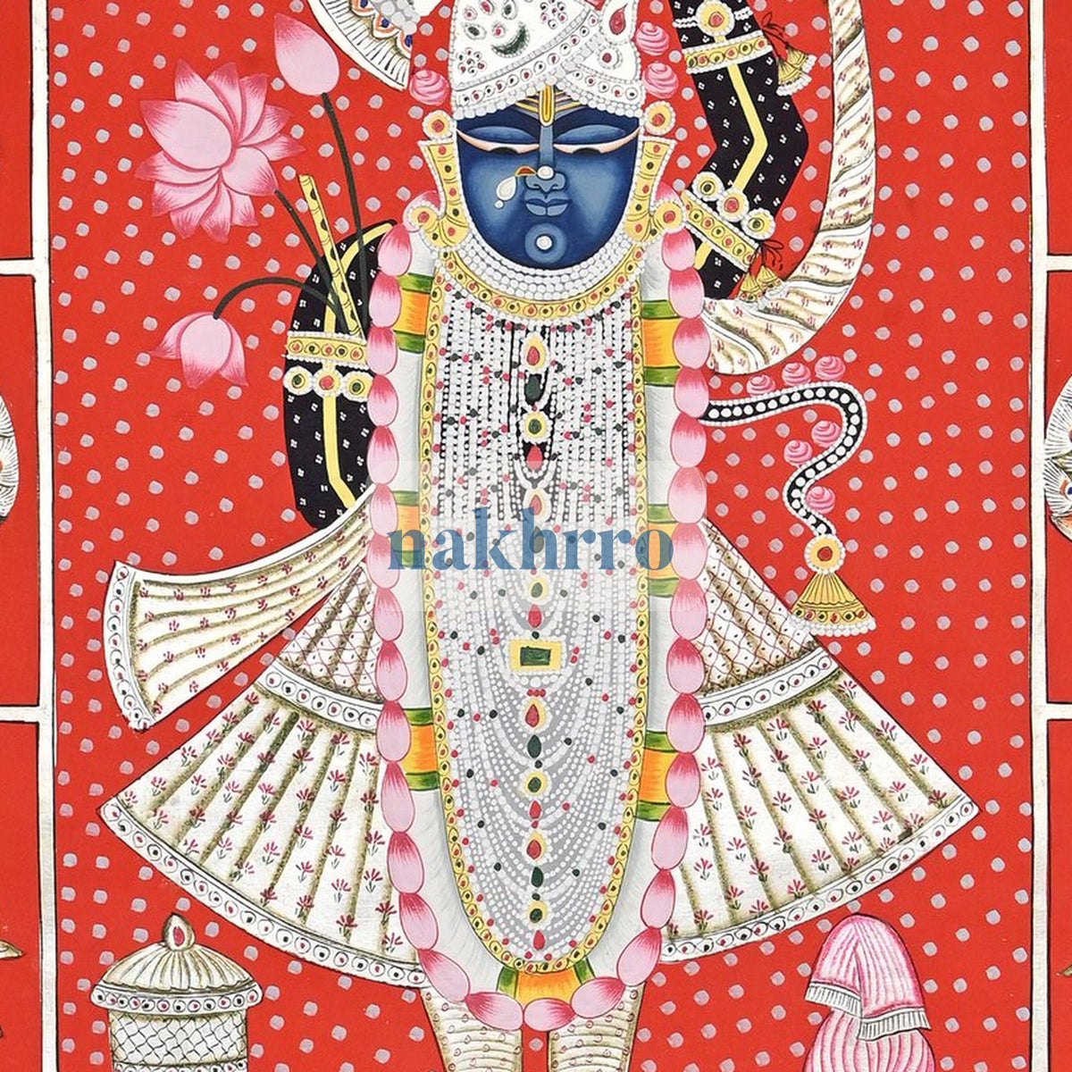 Shrinathji with Kamdhenu Cows – Red and White Folk-Style Pichwai – central close-up