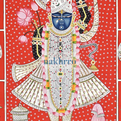Shrinathji with Kamdhenu Cows – Red and White Folk-Style Pichwai – central close-up