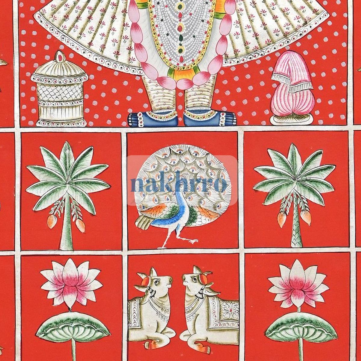 Shrinathji with Kamdhenu Cows – Red and White Folk-Style Pichwai – lower detail
