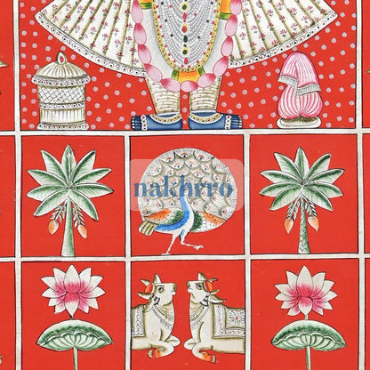 Shrinathji with Kamdhenu Cows – Red and White Folk-Style Pichwai – lower detail