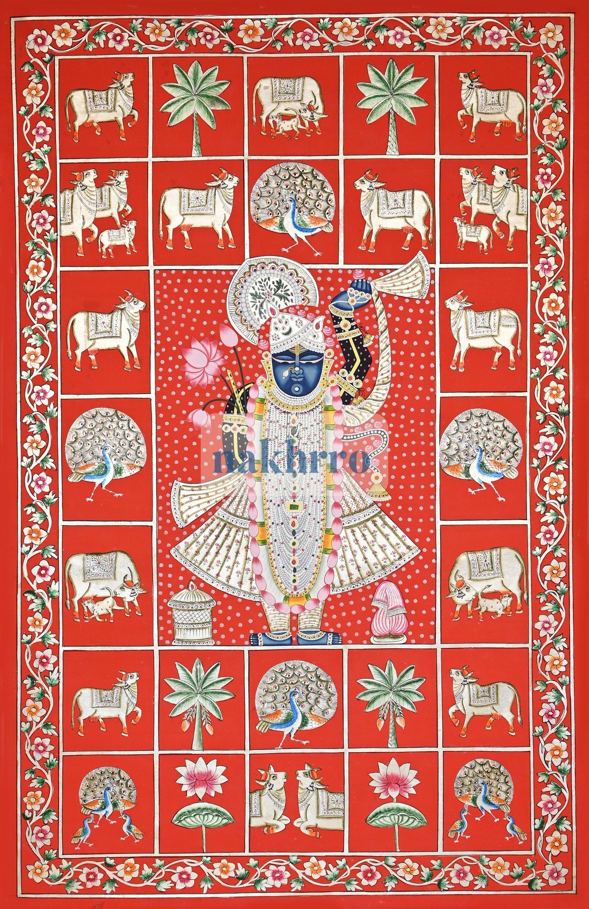 Shrinathji with Kamdhenu Cows – Red and White Folk-Style Pichwai – full view