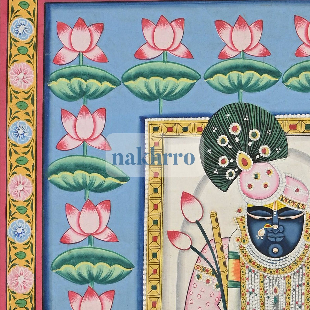 Shrinathji in a Turquoise Lotus Pond – Original Hand-Painted Pichwai – upper detail