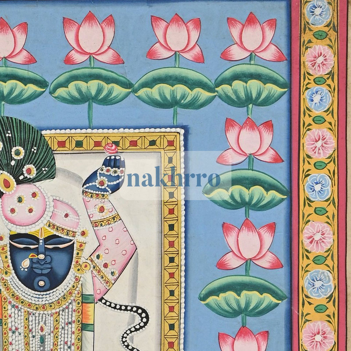 Shrinathji in a Turquoise Lotus Pond – Original Hand-Painted Pichwai – right-side detail