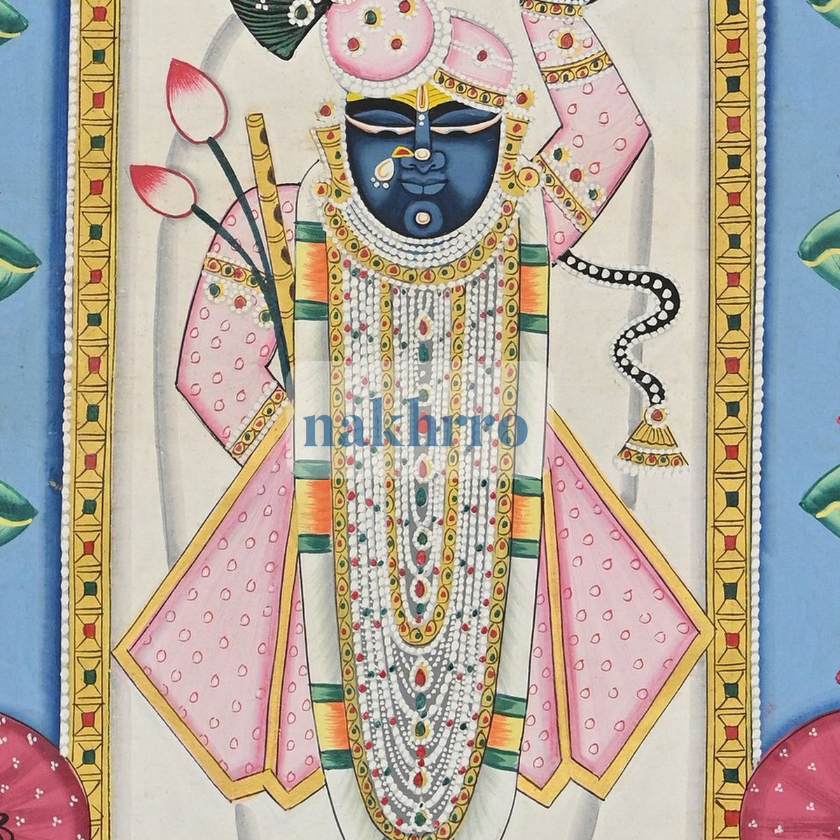 Shrinathji in a Turquoise Lotus Pond – Original Hand-Painted Pichwai – central close-up