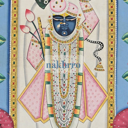 Shrinathji in a Turquoise Lotus Pond – Original Hand-Painted Pichwai – central close-up