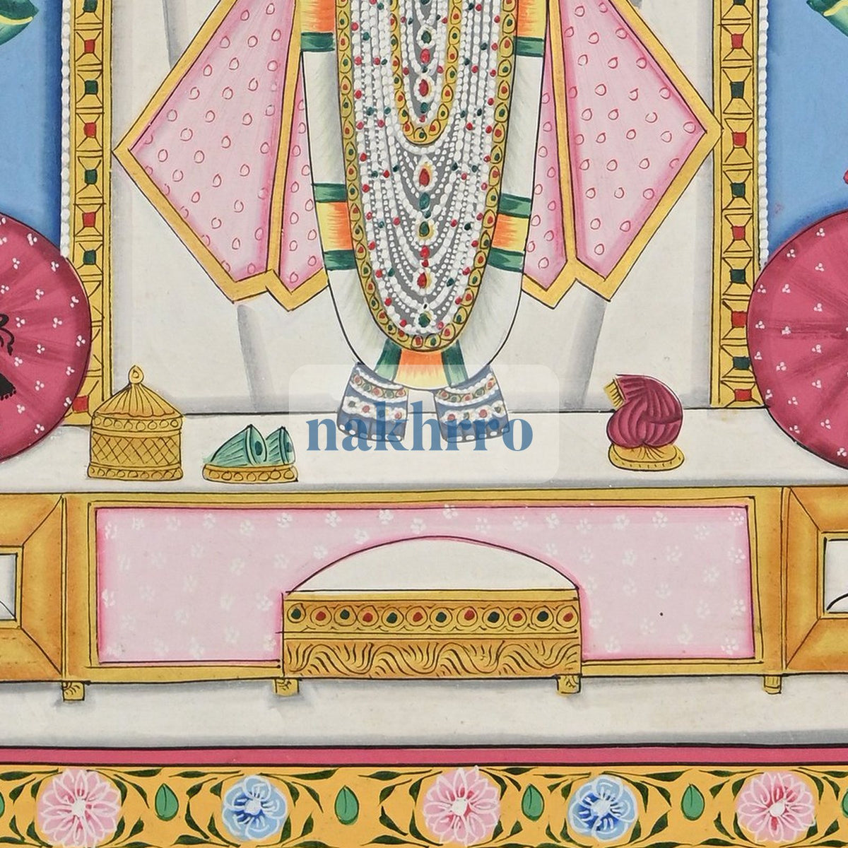 Shrinathji in a Turquoise Lotus Pond – Original Hand-Painted Pichwai – lower detail