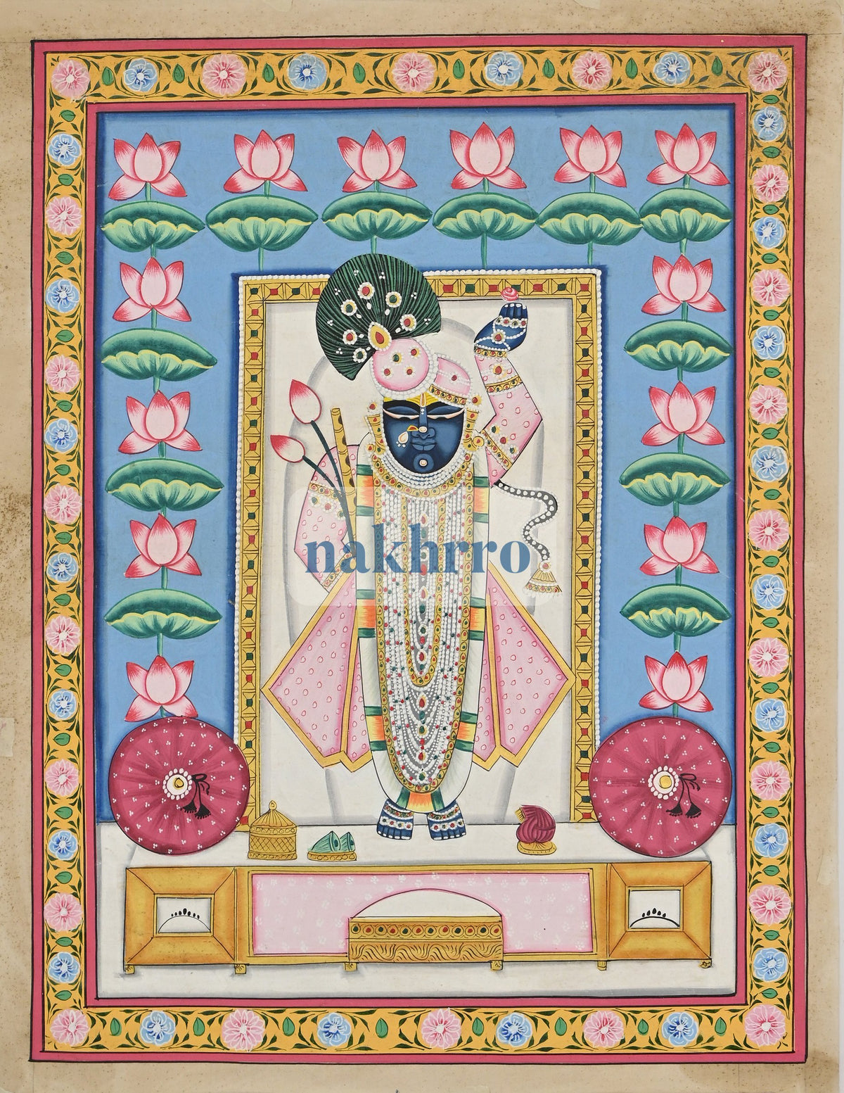 Shrinathji in a Turquoise Lotus Pond – Original Hand-Painted Pichwai – full view