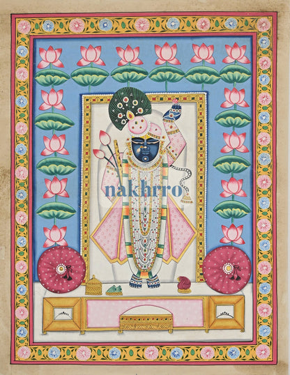 Shrinathji in a Turquoise Lotus Pond – Original Hand-Painted Pichwai – full view