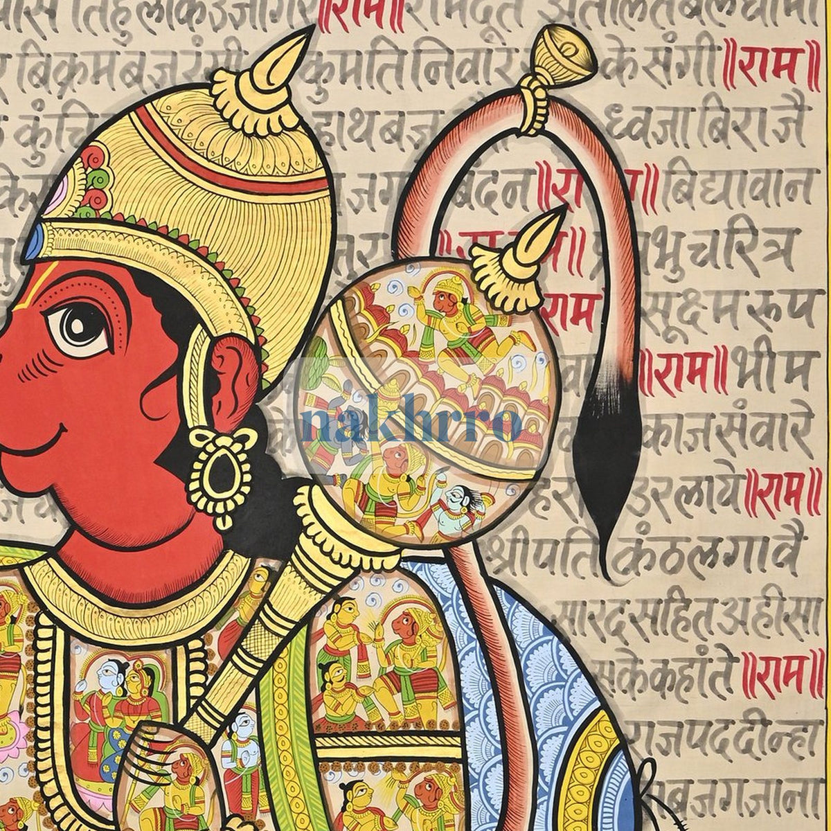 Hanuman Chalisa in Full Colour on Sacred Script – Original Hand-Painted Artwork – right-side detail
