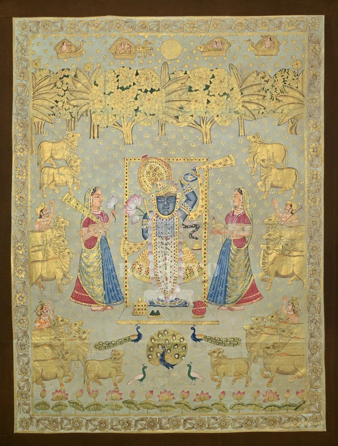 Hand-painted Shrinathji Pichwai with golden cows and peacocks on pale sage