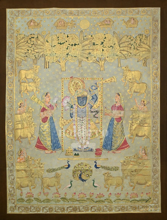 Hand-painted Shrinathji Pichwai with golden cows and peacocks on pale sage