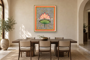 Lotus of Pichwai art print styled in a premium dining room