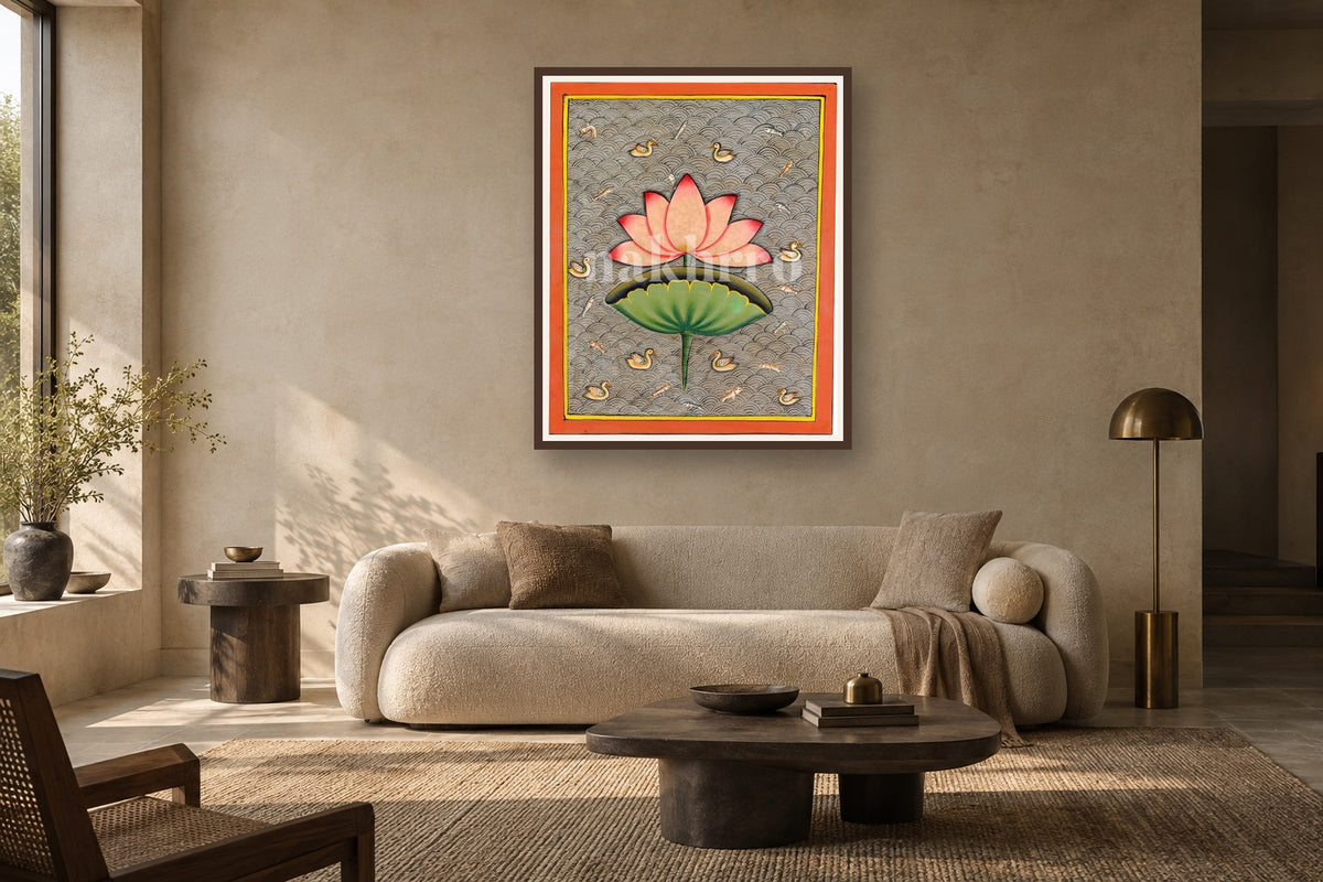 Lotus of Pichwai art print styled in a premium living room