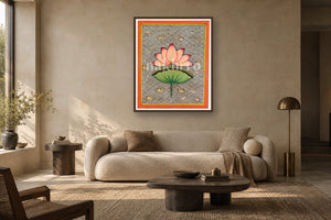 Lotus of Pichwai art print styled in a premium living room