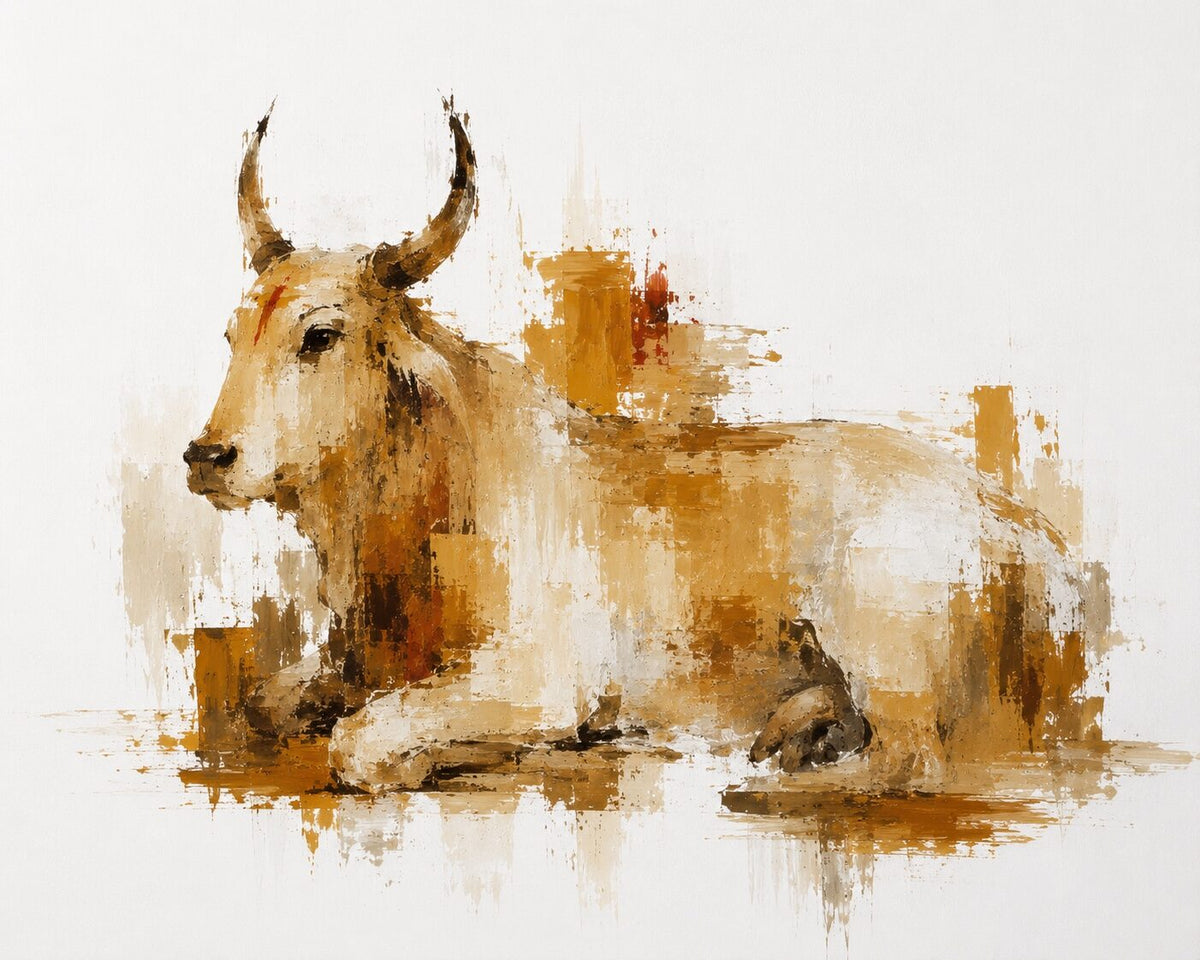 Contemporary Indian painting of Nandi in warm ochre and earth tones