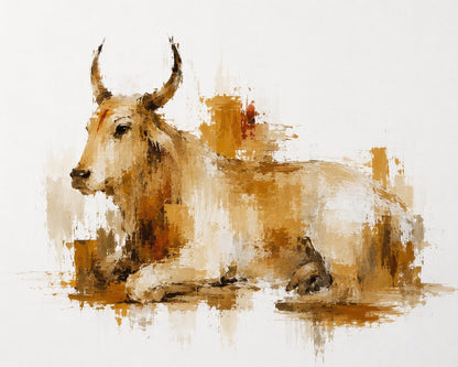 Contemporary Indian painting of Nandi in warm ochre and earth tones