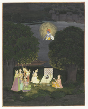 Women gathered for night worship of the Shivling in a forest setting
