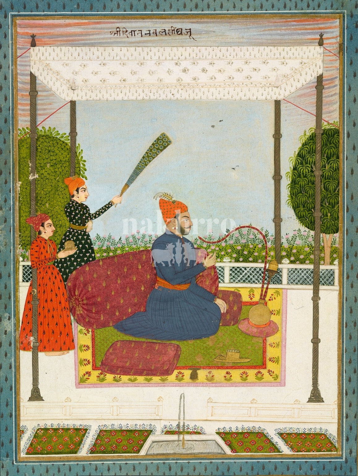 Indian miniature art of a nobleman seated with attendants in a palace garden