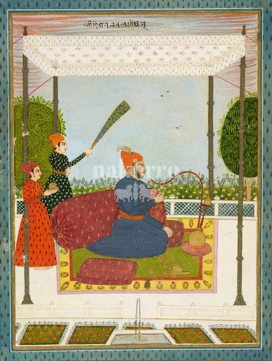Indian miniature art of a nobleman seated with attendants in a palace garden