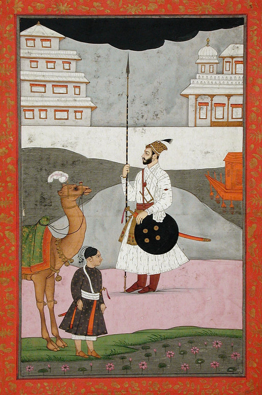 A white-robed nobleman stands beside a horse and attendant between pale palace buildings under a dramatic dark sky.