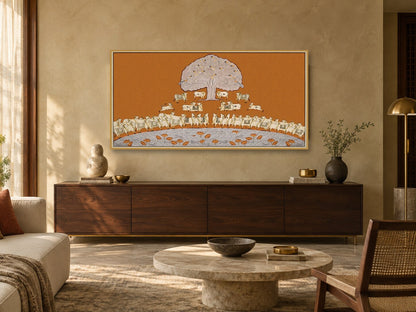 Ochre Tree of Life and cows Pichwai print displayed above a living room console