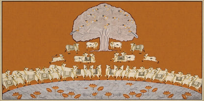 Ochre Tree of Life with white cows and lotus pond horizontal Pichwai artwork