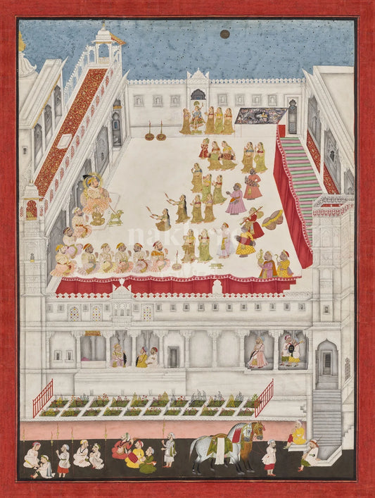 Indian palace courtyard scene with musicians, dancers, white architecture, a blue night sky and red border